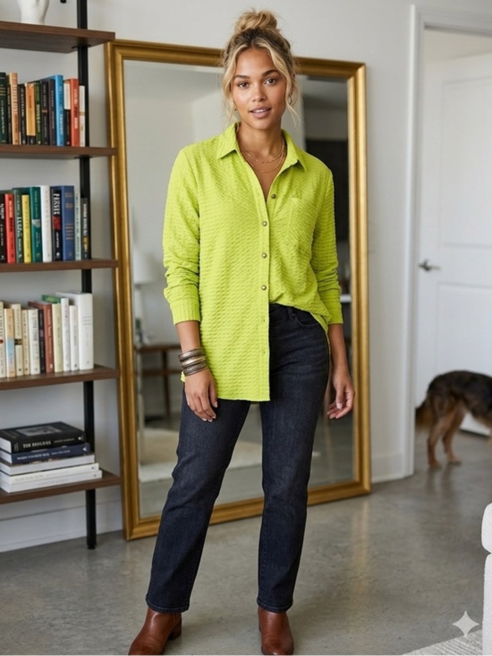 Como Blu Womenβs Small Lime Green Button Up Tunic Top Textured Knit Shirt S